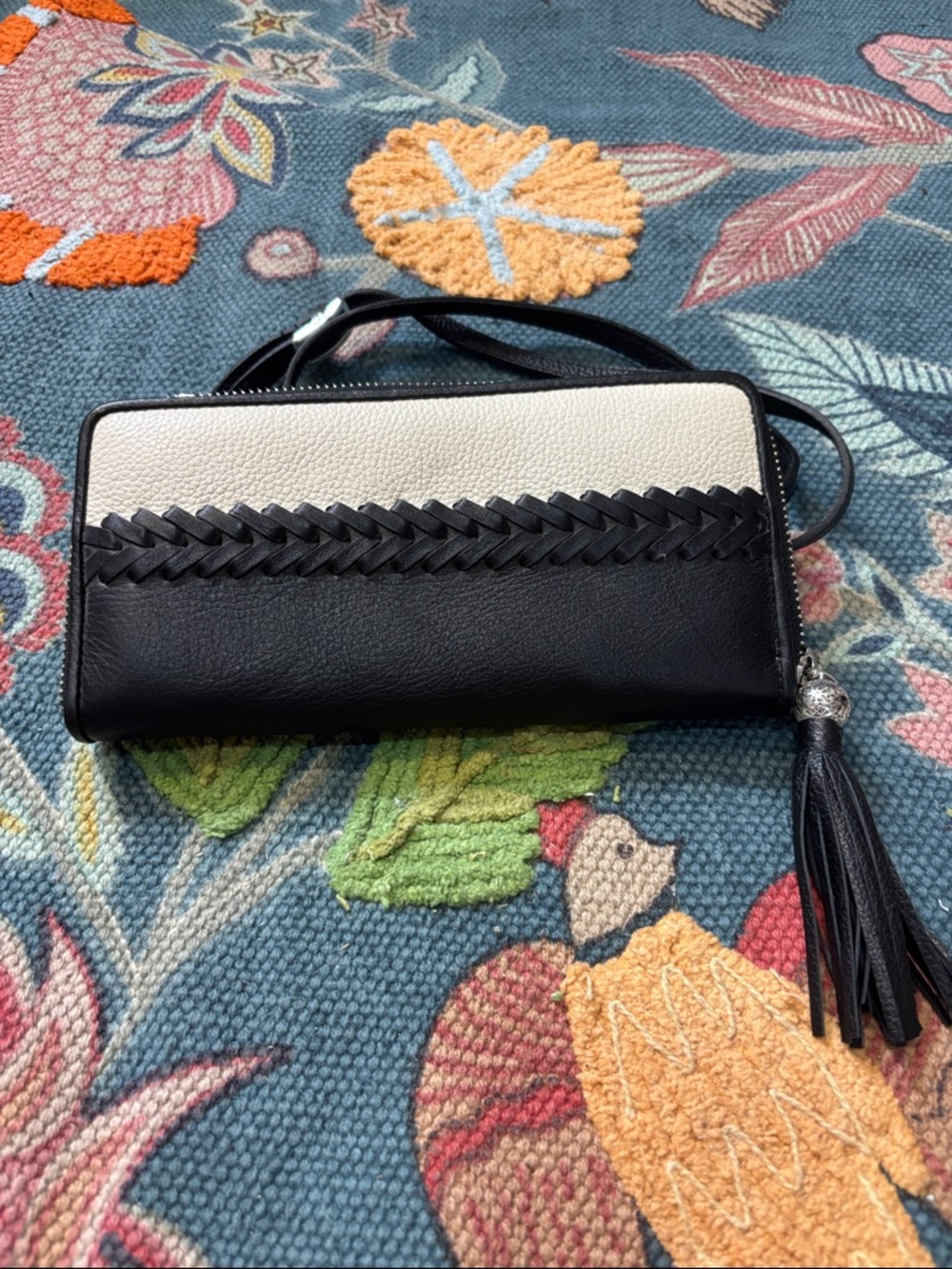 Brighton Black and Cream Braided Accent Crossbody Wallet